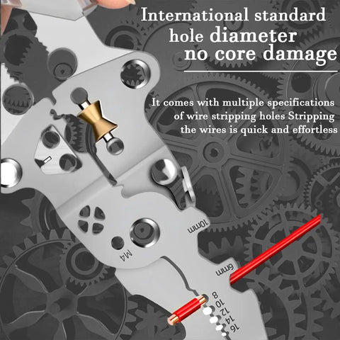 Close-up of 18 In 1 Folding Wire Stripper Pliers showing wire stripping holes against a gear background.