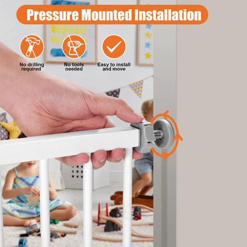 Close-up of installing 36 Inch Extra Tall Baby Gate For Stairs And Doorways, Pressure Mounted Safety Gate, showing hand adjusting wall mount.