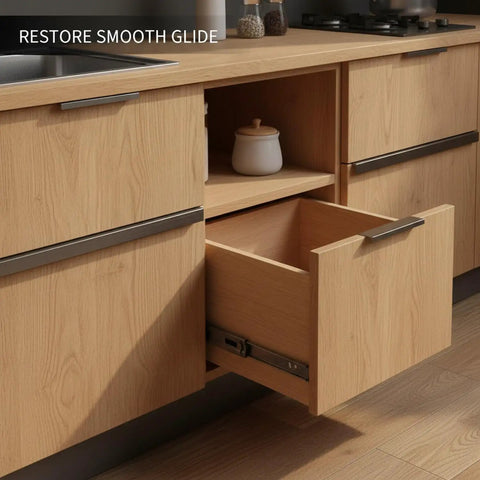 Stainless Steel Drawer Slides Pair With Black Finish installed in a kitchen cabinet, showing smooth glide operation and quiet opening.