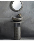 Unbeatable Heavy Duty Ceramic Vessel Sink Combo With Sturdy Pedestal Base And Quick Faucet Drain Setup Kit For Indoor Outdoor Baths Straight Up Sleek Artisan Design Set displayed with round mirror.