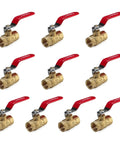 Pack Of 10 Heavy Duty Brass Ball Valve One Half Inch Full Port FNPT FIP Threaded 600 WOG 600 PSI Lead Free, red handle