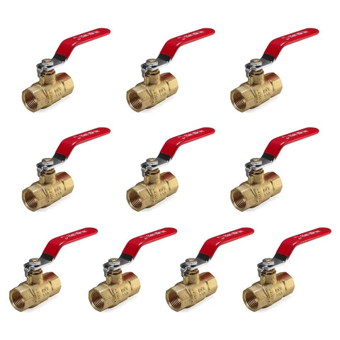 Pack Of 10 Heavy Duty Brass Ball Valve One Half Inch Full Port FNPT FIP Threaded 600 WOG 600 PSI Lead Free, red handle
