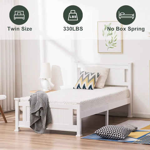 Twin Size Solid Wood Platform Bed Frame With Headboard No Box Spring Needed White Finish showcasing mattress support and cozy setup.