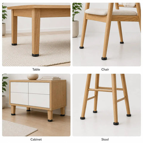 Heavy Duty Adjustable Furniture Levelers 12 Pack With Durable Rubber Anti Slip Bottoms on table, chair, cabinet, and stool legs.