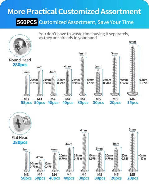 Diagram of Stainless Steel Self Tapping Screws Assortment Kit 560 Pcs M3 M4 M5 M6 Flat Head And Round Head Phillips Drive sizes.