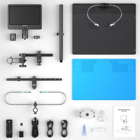High Power 10.1 Inch HDMI Digital Microscope With 2000X Zoom And 3 Lens System For Soldering, Coins, Plants, And Biological Slides, UHD 2160P Video Capture, Great For Makers And Hobbyists kit with monitor, stand, LED light, cables, and manual