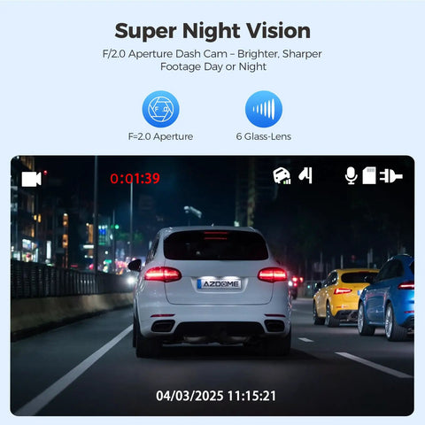 Super night vision view from dual dash cam front and rear with free 64GB card, 3 inch screen car cam for your ride, 1080P front 720P rear.