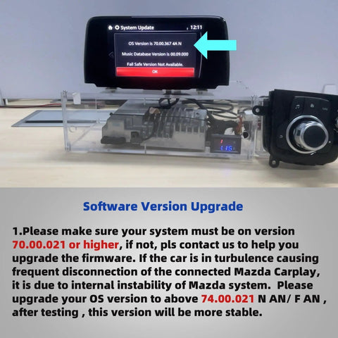 Wireless Apple CarPlay Retrofit Kit for Mazda dashboard screen with software version update prompt displayed