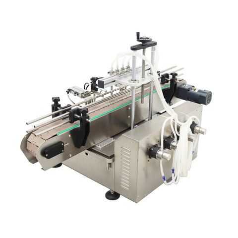 Top Shelf Automatic Pneumatic Filling Machine With Magnetic Pump And Four Head Desktop Setup featuring stainless steel frame and conveyor.