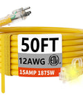 Heavy Duty Outdoor Extension Cord 50 Ft 12/3 Gauge SJTW With Lighted End Waterproof Yard Ready Cold Resistant 3 Prong Electric Cord 15 Amp 1875 Watt Yellow ETL Listed coiled