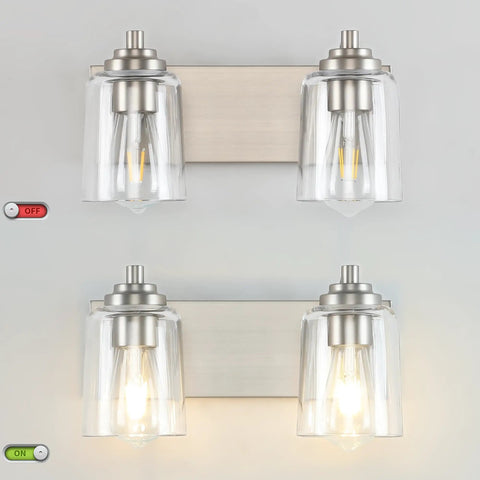 32 Inch Chrome Vanity Light Fixture Over Mirror With Crystal Glass Globes, Vintage Gloss Finish, Four Lights, unlit and lit view