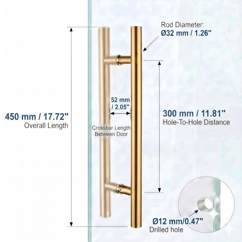 18 Inch Solid Standoffs Push Pull Door Handle Set In Satin Gold Finish For Barn Door Pulls Glass Pulls And Interior Doors Heavy Duty Commercial Grade 304 Stainless Steel, 450 mm overall