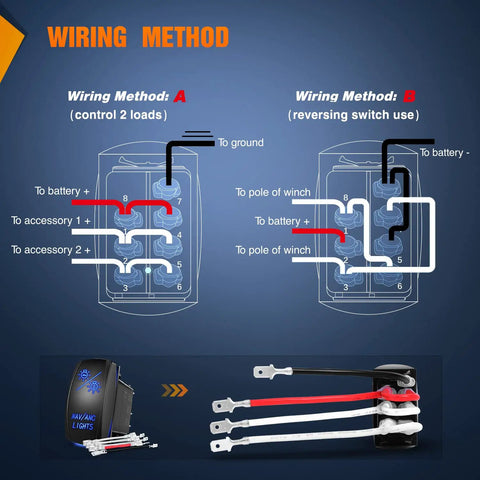 Seven Pin DPDT Rocker Switch With Blue Jumpers On Off On Dual Load Control 20A 12V DC And 10A 24V DC Rated Easy Install Replacement For OEM Switch Panels Ideal For Cars Trucks Jeeps Boats RVs wiring diagram