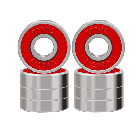 Two red 608RS ABEC-9 ball bearings with silver shields and chrome spacers, front view