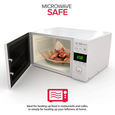 Microwave with Grease Proof Deli Wrappers 12 X 12 Inch, 500 Pack, holding chicken wings on a plate