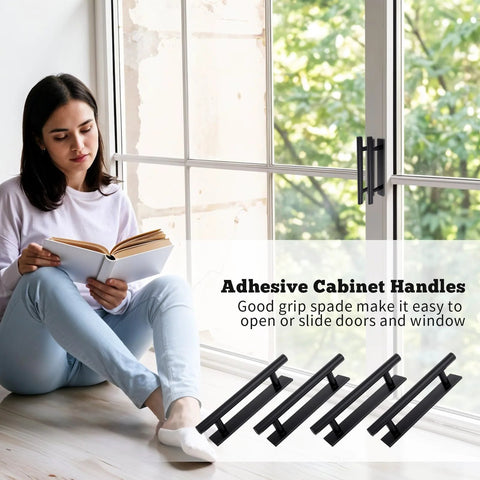 Person sitting by window with 8-pack adhesive cabinet handles self stick push pull helpers black ABS material no drill instant installation