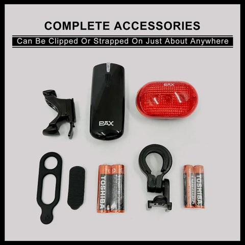 Beefed Up Super Bright Bike Light Set with front and rear lights, water resistant, includes mounts and batteries, flat lay view.