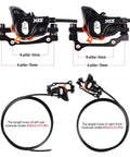 CNC MTB hydraulic brake set by XSS, black caliper pair with orange accents; 800mm front and 1450mm rear hoses.