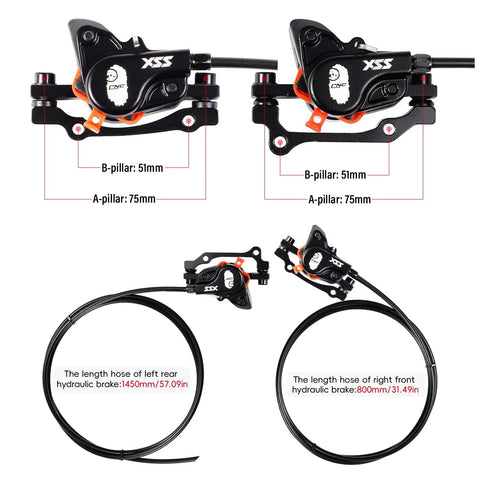 CNC MTB hydraulic brake set by XSS, black caliper pair with orange accents; 800mm front and 1450mm rear hoses.