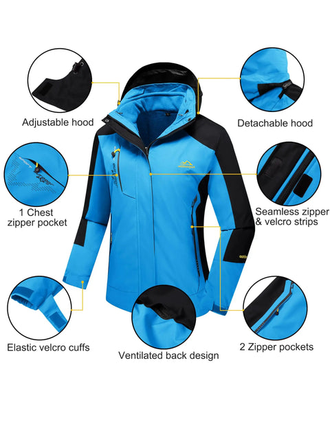 Three In One Snow Jacket For Women With Inner Fleece Layer And Waterproof Windproof Shell Lake Blue Winter Coat For Ski And Snowboard Cozy Warm Breathable Insulated Gear All Weather Size XL, showing adjustable and detachable hood, zipper pockets, and cuffs.