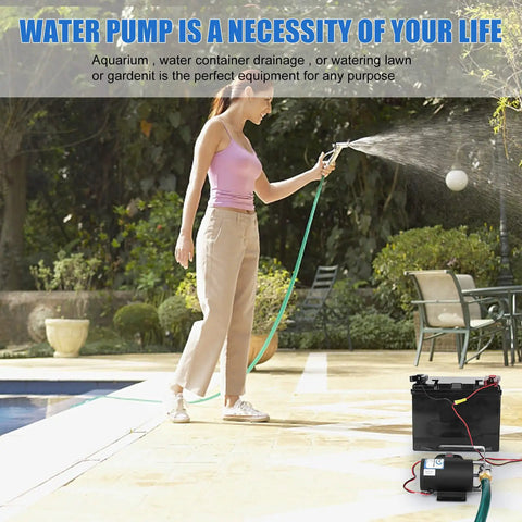 Woman using 12V Water Transfer Pump 330 GPH Electric Utility Pump by pool with hose, ideal for DIY farm RV boat workshop.