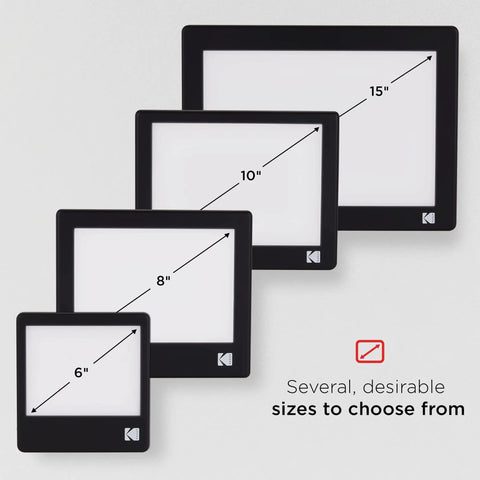 Four LED Light Box sizes displayed, ranging from 6 to 15 inches, for negatives, slides and films, glare free illuminated viewing panel.