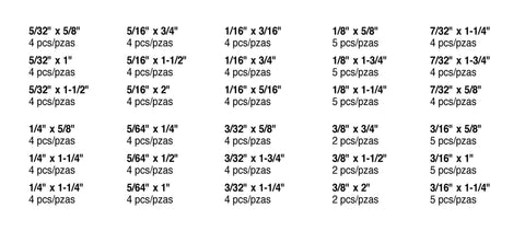 Size chart of 120-piece Roll Pin Assortment Kit With 10 Most Popular Sizes In A Resealable Plastic Case for garage repairs.