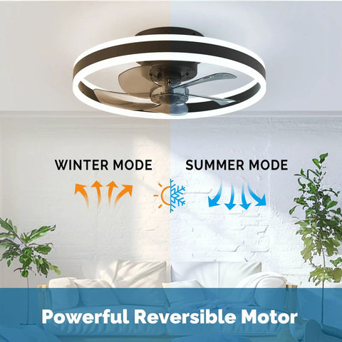 Low Profile Bladeless Ceiling Fan With Light, 19.7 Inch Flush Mount, Dimmable LED, Remote, 3 Light Color Options, 6 Speeds, Black