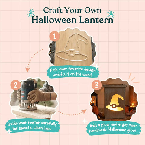 Step-by-step guide for crafting a Halloween lantern using Top Tier 10 Pack Halloween Acrylic Router Template Kit, featuring a witch hat design.