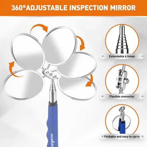 Heavy Duty 4 In 1 Magnetic Pick Up Tool Kit With Flexible Claw Grabber And 360 Degree Inspection Mirror For Getting Groceries Or Garage Items In Tight Spots Without Bending Over. 360° adjustable inspection mirror, foldable blue handle, extendable 6 times
