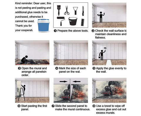 Step-by-step guide for installing Epic Retro Steam Locomotive Wall Mural with 3D Train Wallpaper for living room and bedroom decor
