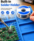 Premium Grade All Purpose Silicone Soldering Mat Delivers Heavy Duty Heat Blocking Up To 932 Degrees Fahrenheit For Zero Drama Phone Pc Circuit Board Repair Setup with solder holder and circuit board.