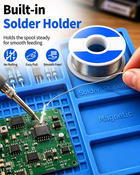 Premium Grade All Purpose Silicone Soldering Mat Delivers Heavy Duty Heat Blocking Up To 932 Degrees Fahrenheit For Zero Drama Phone Pc Circuit Board Repair Setup with solder holder and circuit board.