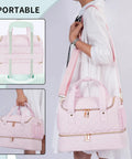 Nail Polish Organizer Case That Fits One Nail Lamp And Fifty Bottles Waterproof Storage With Leakproof Side Pockets For Remover And Tools Built In Compartments Pro Grade Durable Zipper Travel Friendly Pale Pink shown carried by a woman and close-up view of handles and structure.