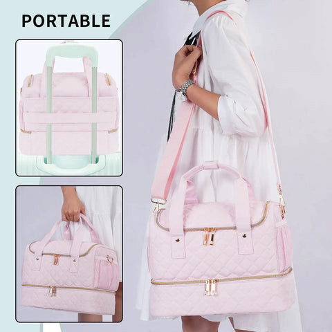 Nail Polish Organizer Case That Fits One Nail Lamp And Fifty Bottles Waterproof Storage With Leakproof Side Pockets For Remover And Tools Built In Compartments Pro Grade Durable Zipper Travel Friendly Pale Pink shown carried by a woman and close-up view of handles and structure.
