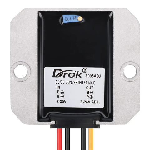 Front view of a Pair Of DC To DC Buck Converters 8 To 35V In To 3 To 24V Out Adjustable 5A Step Down Regulator for car audio and LED displays