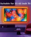 8.2ft USB RGB LED TV Backlight Strip For 32 To 40 Inch TVs With Remote Built In Mic Music Sync Bluetooth App Control Dope Gaming Bedroom Mood Lighting For HDTV installed on large flat-screen TV, creating vibrant ambient glow in dark room.