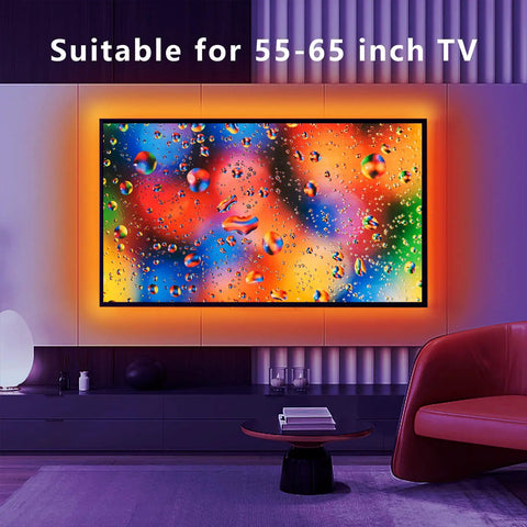 8.2ft USB RGB LED TV Backlight Strip For 32 To 40 Inch TVs With Remote Built In Mic Music Sync Bluetooth App Control Dope Gaming Bedroom Mood Lighting For HDTV installed on large flat-screen TV, creating vibrant ambient glow in dark room.