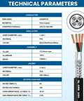 Technical parameters of Dual Shielded 22 AWG 4 Conductor Cable 25 Ft Pure Copper Core UL2464 Shielded Wire