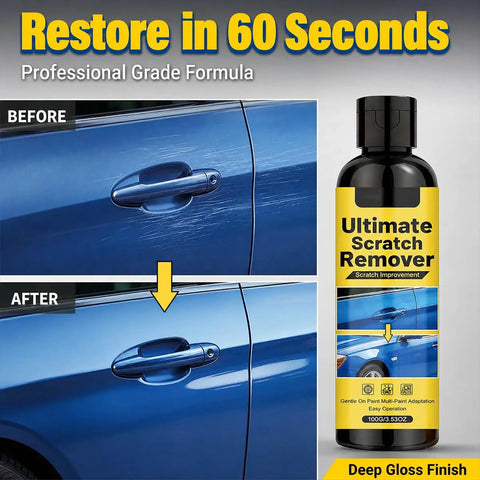 Before and after image of car door showing Hassle Free Auto Scratch Remover And Polish Kit for swirl mark removal.