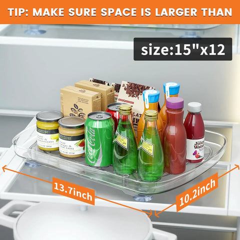 Clear Lazy Susan For Refrigerator And Pantry Cabinet Two Pack 360 Degree Rotating Pull Out Turntable Organizer with drinks.