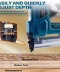 Cordless 2in1 Brad Nailer And Stapler, adjustable depth settings for various wood thicknesses, with control interface shown.