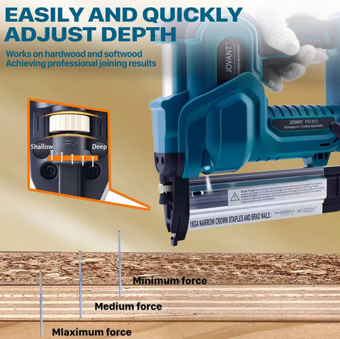 Cordless 2in1 Brad Nailer And Stapler, adjustable depth settings for various wood thicknesses, with control interface shown.