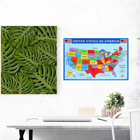 United States of America map from World Map Poster Set 2-Pack For Classroom And Home Learning, 19.68 x 13.77 inches, displayed on wall