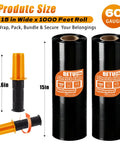 Heavy Duty Black Stretch Wrap 15 X 1000 Ft with 60 Gauge Tough As Nails Shrink Film, includes handling grips for easy use.