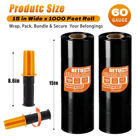 Heavy Duty Black Stretch Wrap 15 X 1000 Ft with 60 Gauge Tough As Nails Shrink Film, includes handling grips for easy use.