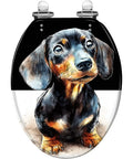 Elongated Toilet Seat Quiet Close Bathroom featuring a cartoon dachshund design, suitable for standard toilet sizes.