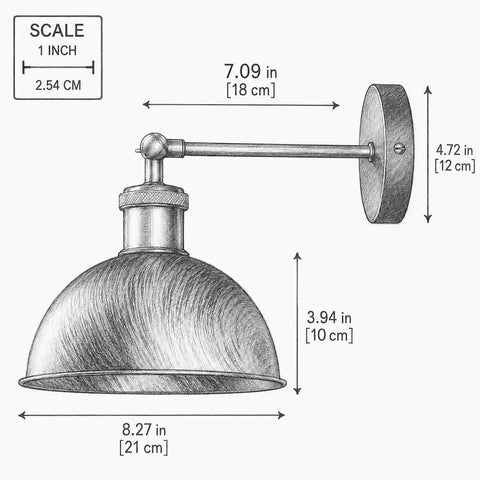 Industrial Dome Wall Sconce, White, 180° Adjustable Vintage Wall Light with dimensions 8.27" shade and 7.09" arm.
