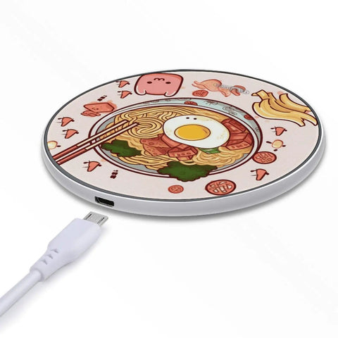 Ultra Slim Qi Wireless Charger With Aluminum Alloy Frame 6mm Thin 10W Fast Charging Pad With Indicator Light featuring a ramen print