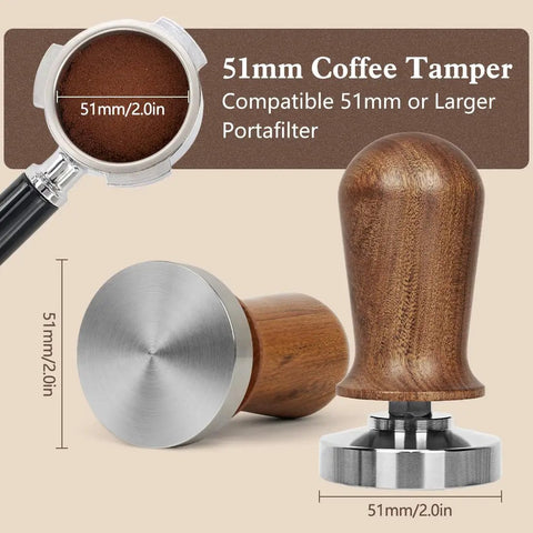 51mm Espresso Tamper Set With 30 Lb Consistent Pressure, Spring Loaded Calibrated Tamper shown with wooden handle, steel base